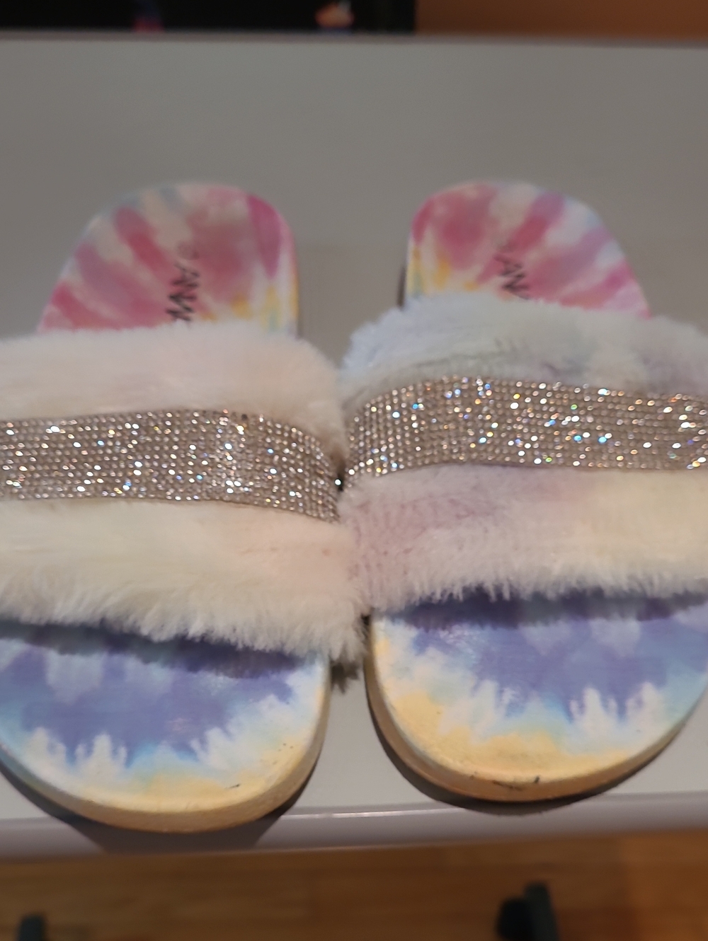 Anna Pastel Tie-Dye Faux Fur Slides with Sparkle Logo